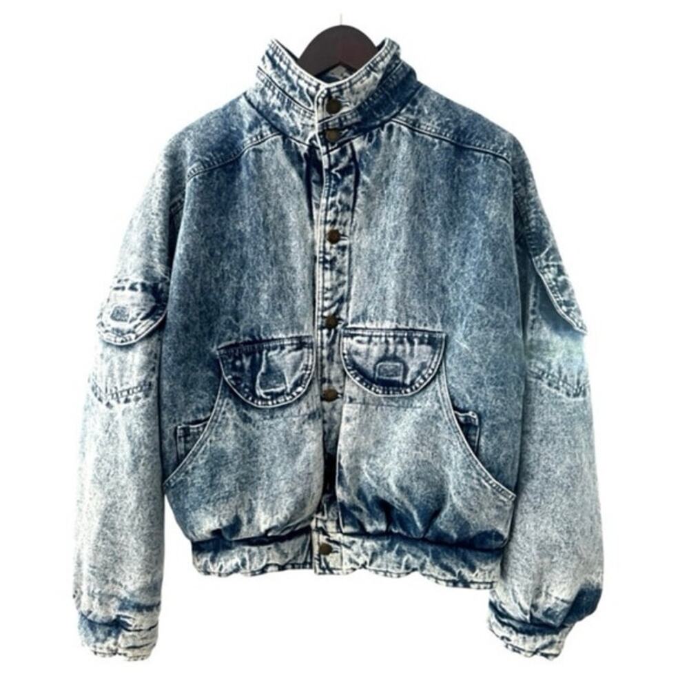 Vintage Denim Jacket unisex Pilot Bomber Military Puffer Biker Jean Acid Wash M